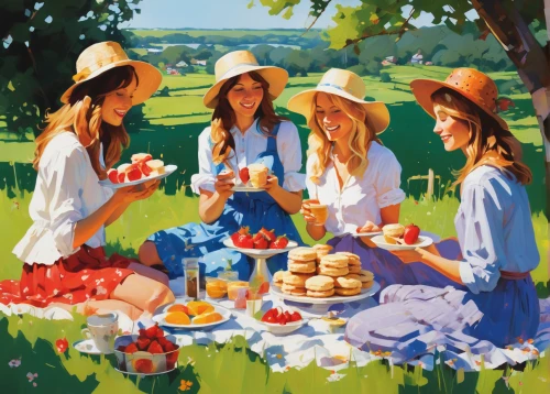 picnic basket,picnic,cream tea,tea party,oil painting on canvas,afternoon tea,oil painting,tea party collection,basket of apples,garden party,art painting,summer foods,girl picking apples,fruit basket,orchard,ladies group,greetting card,painting technique,orchards,summer fruit,Conceptual Art,Oil color,Oil Color 07