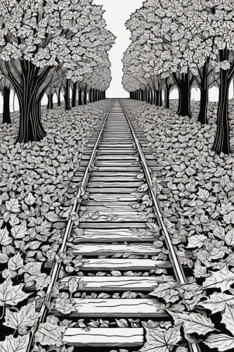 railroad track,railway track,train track,railroad,train of thought,road to nowhere,railroad tracks,railway tracks,railroad line,train tracks,railtrack,train cemetery,through-freight train,railway line,rail road,train route,parallel,rail way,road of the impossible,rail track,Illustration,Black and White,Black and White 14