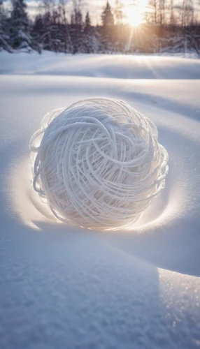 snow ring,a ball in the snow,ice ball,swirly orb,round straw bales,twine,infinite snow,frozen bubble,snow bales,snow ball,woven rope,lantern string,natural rope,frozen soap bubble,torus,yarn,egg net,wire light,cellophane noodles,orb,Photography,Artistic Photography,Artistic Photography 04