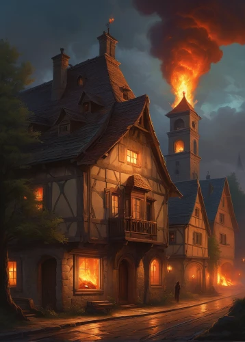 witch's house,tavern,medieval town,burning house,witch house,wooden houses,crispy house,the haunted house,houses silhouette,aurora village,haunted house,townhouses,apartment house,house fire,knight village,half-timbered houses,spa town,evening atmosphere,house silhouette,crooked house,Conceptual Art,Fantasy,Fantasy 28