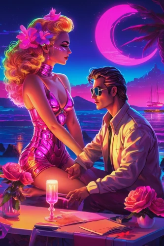 romantic dinner,romantic night,neon cocktails,romantic scene,valentines day background,80s,romantic meeting,serenade,flamingo couple,romantic rose,masquerade,dancing couple,romantic,honeymoon,cg artwork,dinner for two,romantic portrait,neon drinks,tango,cocktails,Conceptual Art,Sci-Fi,Sci-Fi 27