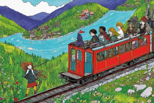 bernina railway,gornergratbahn,zugspitzbahn,schynige platte railway,eurobahn,matterhorn-gotthard-bahn,children's railway,cable railway,gondola,cablecar,glacier express,fjäll,studio ghibli,wooden train,narrow-gauge railway,the selketal railway,reichsbahn,rigi,gondola lift,funicular,Illustration,Abstract Fantasy,Abstract Fantasy 04