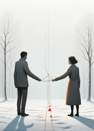 red string,two people,connecting,tightrope,man and woman,crossed ribbons,connection,connected,physical distance,into each other,connections,modern christmas card,the snow falls,the stake,hold hands,snow scene,snow drawing,vintage couple silhouette,dowsing,crossed,Conceptual Art,Sci-Fi,Sci-Fi 07