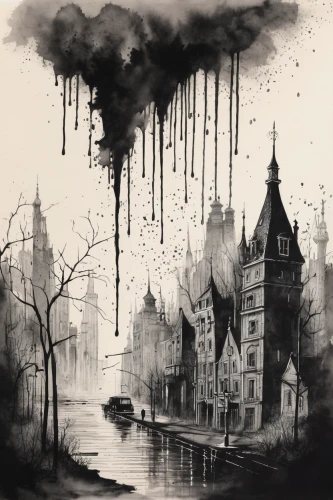black city,destroyed city,the pollution,ink painting,dark gothic mood,haunted cathedral,pollution,ghost castle,dark art,the haunted house,lostplace,city in flames,haunted castle,gothic,gray-scale,houses silhouette,city scape,post-apocalyptic landscape,haunted house,wither,Illustration,Black and White,Black and White 34