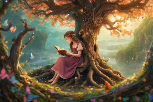 a fairy tale,fairy tale,fairy forest,children's fairy tale,the girl next to the tree,fairytales,fairytale,fairy tales,girl with tree,fantasy picture,alice in wonderland,enchanted forest,magic tree,fairy world,fairytale forest,little girl reading,fairy tale character,wonderland,idyll,romantic scene,Illustration,Realistic Fantasy,Realistic Fantasy 37