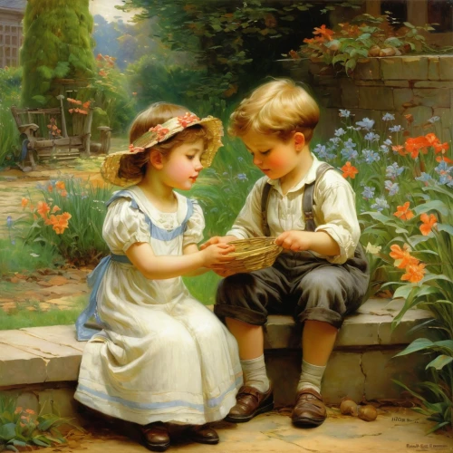 young couple,vintage boy and girl,emile vernon,little boy and girl,bouguereau,girl and boy outdoor,serenade,children studying,girl picking flowers,boy and girl,picking flowers,romantic scene,vintage children,holding flowers,childs,children,courtship,idyll,love letter,bougereau,Art,Classical Oil Painting,Classical Oil Painting 15