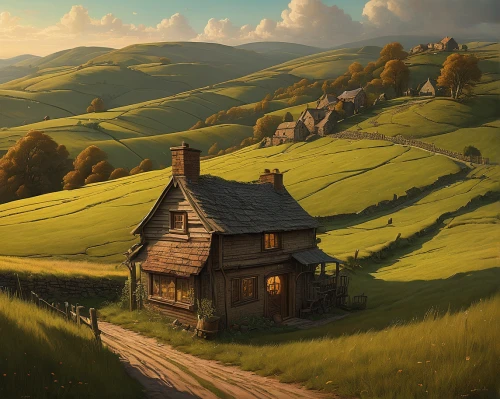 hobbiton,little house,home landscape,lonely house,small house,rolling hills,hobbit,farmstead,studio ghibli,house in mountains,wooden hut,country cottage,the hills,witch's house,house in the mountains,cottage,summer cottage,hillside,yellow grass,housetop,Illustration,Realistic Fantasy,Realistic Fantasy 28