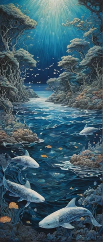 ice landscape,underwater landscape,ice cave,arctic ocean,oil on canvas,oil painting on canvas,tundra,sea ice,sea landscape,seascape,sea,glacial melt,el mar,icebergs,frozen lake,dolphin coast,sea-salt,god of the sea,cetacea,ocean,Illustration,Japanese style,Japanese Style 18