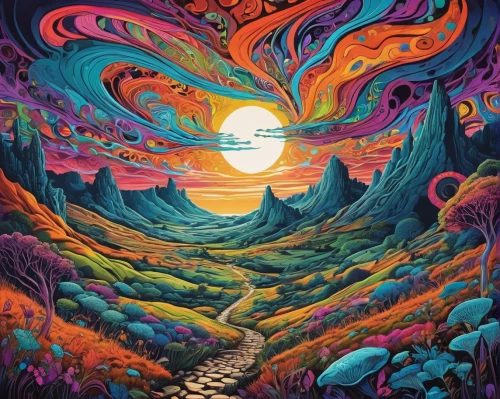 psychedelic art,pachamama,mushroom landscape,the mystical path,tapestry,pathway,lsd,winding road,the path,psychedelic,valley of the moon,forest of dreams,trip computer,the way,acid lake,mountain sunrise,hollow way,flow of time,colorful spiral,mantra om,Illustration,Realistic Fantasy,Realistic Fantasy 39