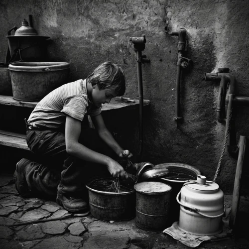 child playing,shoeshine boy,potter's wheel,blacksmith,tinsmith,child labour,farrier,washing drum,girl in the kitchen,children's stove,fetching water,cooking pot,village life,basket weaver,metalsmith,laundress,girl with a wheel,winemaker,silversmith,poverty,Photography,Black and white photography,Black and White Photography 02