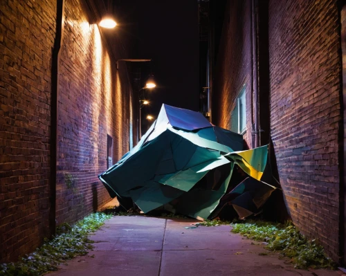 unhoused,tent camp,tents,camping tents,tent,alleyway,green folded paper,tent camping,urban art,alley,polygonal,folding,shelter,discarded,roof tent,large tent,collapse,tarp,slum,urban street art,Unique,3D,Modern Sculpture