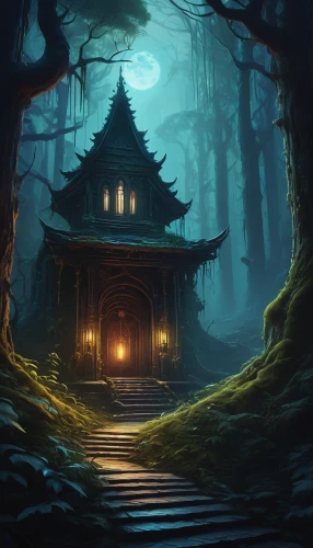 witch's house,witch house,house in the forest,halloween background,cartoon video game background,ancient house,world digital painting,the mystical path,japanese shrine,fantasy picture,fantasy landscape,lonely house,tsukemono,haunted forest,wooden path,owl background,devilwood,japanese background,halloween wallpaper,game illustration,Conceptual Art,Sci-Fi,Sci-Fi 12