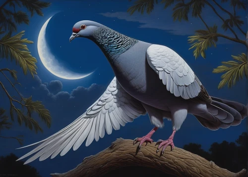 plumed-pigeon,victoria crown pigeon,white grey pigeon,woodpigeon,nocturnal bird,fantail pigeon,pigeon scabiosis,night bird,rock dove,stock dove,bird painting,speckled pigeon,feral pigeon,wild pigeon,field pigeon,white pigeon,wood pigeon,crown pigeon,passenger pigeon,victoria crowned pigeon,Illustration,Realistic Fantasy,Realistic Fantasy 22