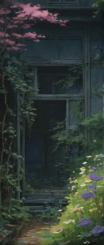 wisteria,lost place,abandoned place,lostplace,house in the forest,abandoned,undergrowth,forest,overgrown,purple landscape,witch's house,violet evergarden,the forest,abandoned places,lost places,haunted forest,lilac arbor,forest ground,backgrounds,environment,Illustration,Japanese style,Japanese Style 14