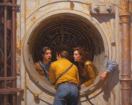 elevator,elevators,vault,young couple,girl with a wheel,open locks,oil on canvas,wheel,contemporary witnesses,portal,connections,doors,el arco,porthole,tunnel,escaping,wall tunnel,detour,cistern,canal tunnel,Illustration,Realistic Fantasy,Realistic Fantasy 03