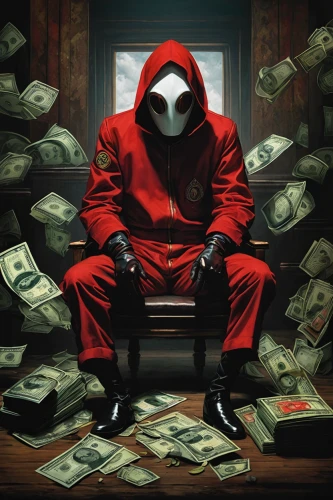 money heist,greed,anonymous,anonymous hacker,balaclava,fawkes mask,spawn,cd cover,robber,jigsaw,hooded man,game art,album cover,hard money,anonymous mask,masked man,shinigami,vendetta,on a red background,piracy,Illustration,Realistic Fantasy,Realistic Fantasy 34