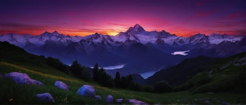 purple landscape,fantasy landscape,mountain sunrise,mountain landscape,landscape mountains alps,high alps,mountainous landscape,alpine sunset,fantasy picture,landscape background,the alps,bernese alps,mountain scene,alps,alpine region,japanese alps,alpine meadow,mountain world,world digital painting,the valley of flowers,Conceptual Art,Daily,Daily 22