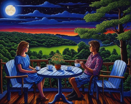 romantic dinner,romantic scene,dinner for two,romantic night,tablecloth,young couple,picnic table,night scene,adam and eve,art painting,two people,romantic portrait,picnic,red tablecloth,moonlit night,idyll,honeymoon,blue moon,dining,oil painting on canvas,Conceptual Art,Daily,Daily 23