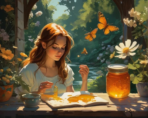 girl studying,yellow butterfly,morning light,autumn light,study,spring morning,reading,little girl reading,vanessa (butterfly),tutor,butterflies,fireflies,fantasy picture,girl in the garden,fantasy art,tea and books,mystical portrait of a girl,fairy tale character,world digital painting,orange butterfly,Conceptual Art,Oil color,Oil Color 04