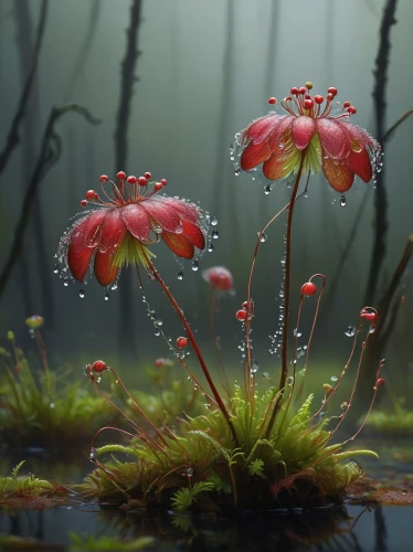 sundew,drosera rotundifolia,dew drops,round-leaved sundew,dewdrops,moss saxifrage,meadows of dew,carnivorous plant,dew drops on flower,twinflower,coral bells,forest anemone,dew droplets,forest flower,forest floor,red anemone,cherry blossom in the rain,rain lily,dew drop,waterdrops,Conceptual Art,Fantasy,Fantasy 14