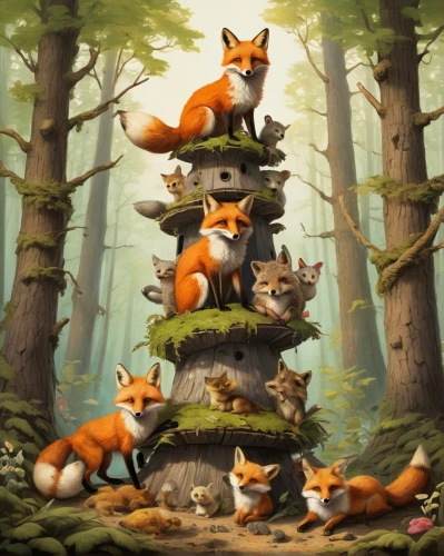 fox stacked animals,foxes,animal tower,woodland animals,forest animals,fox hunting,cartoon forest,cat tree of life,buckthorn family,little fox,garden-fox tail,squirrels,cats in tree,birch family,child fox,pine family,stacked animals,whimsical animals,cute fox,fall animals,Art,Classical Oil Painting,Classical Oil Painting 24
