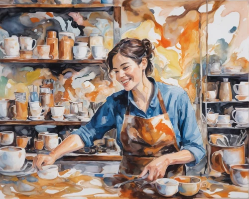 watercolor tea shop,watercolor cafe,girl in the kitchen,watercolor tea,woman drinking coffee,coffee watercolor,girl with bread-and-butter,woman at cafe,coffee tea illustration,watercolor shops,watercolor painting,girl with cereal bowl,junshan yinzhen,pouring tea,watercolor tea set,janome chow,watercolor background,kaew chao chom,vietnamese woman,meticulous painting,Conceptual Art,Oil color,Oil Color 18