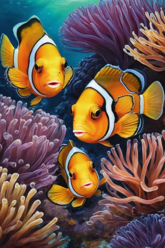 anemone fish,anemonefish,coral reef fish,amphiprion,clownfish,school of fish,butterflyfish,clown fish,marine diversity,sea animals,marine fish,underwater background,aquarium inhabitants,great barrier reef,lemon butterflyfish,ornamental fish,nemo,coral fish,porcupine fishes,coral reef,Illustration,Abstract Fantasy,Abstract Fantasy 10