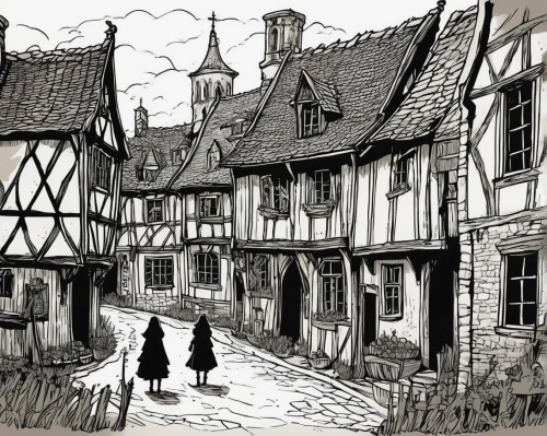 half-timbered houses,medieval street,medieval town,the cobbled streets,wooden houses,houses clipart,knight village,old houses,witch's house,medieval architecture,old town,townscape,half-timbered house,half timbered,lavenham,tavern,escher village,half-timbered,cottages,witch house,Illustration,Black and White,Black and White 02