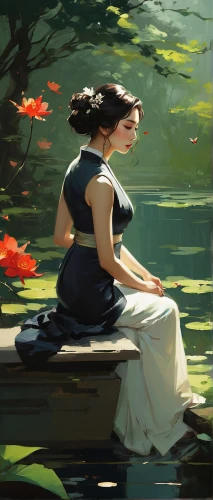 girl on the river,lily pond,water lilies,lilly pond,waterlily,water lily,water lilly,girl in the garden,backwater,digital painting,lotus on pond,water lotus,floating on the river,white water lilies,lotus pond,pond flower,lily pads,study,idyll,lotus blossom,Conceptual Art,Fantasy,Fantasy 06