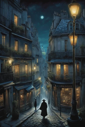 french digital background,night scene,nocturnes,montmartre,hamelin,lamplighter,light of night,paris clip art,paris,the pied piper of hamelin,paris shops,universal exhibition of paris,watercolor paris,moonlit night,gas lamp,night image,de ville,the cobbled streets,evening atmosphere,world digital painting,Illustration,Realistic Fantasy,Realistic Fantasy 05