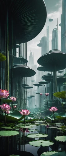futuristic landscape,mushroom landscape,cosmos field,valerian,alien world,alien planet,scifi,artificial island,sci fi,sci - fi,sci-fi,futuristic architecture,mushroom island,imperial shores,colony,water lilies,lotus plants,floating islands,lily pads,aquatic plants,Photography,Black and white photography,Black and White Photography 01