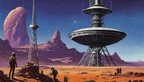 futuristic landscape,cellular tower,alien planet,red planet,sci fiction illustration,earth station,science fiction,mission to mars,scifi,sci - fi,sci-fi,planet mars,science-fiction,sci fi,alien world,pioneer 10,compans-cafarelli,telecommunications,dune,tower of babel,Illustration,Retro,Retro 06