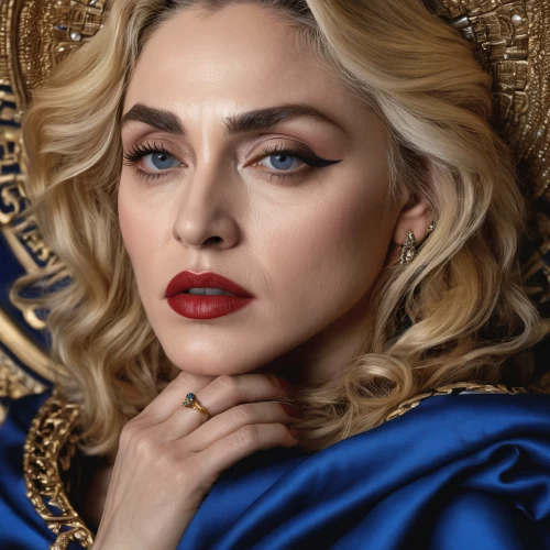 madonna,queen,porcelain doll,queen cage,mary-gold,portrait background,retouching,queen crown,holy maria,aging icon,regal,goddess,queen s,royal,gold jewelry,icon,vanity fair,ojos azules,femme fatale,royal blue,Photography,General,Natural