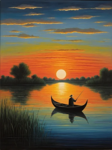 indigenous painting,fishing float,khokhloma painting,boat landscape,fisherman,long-tail boat,oil painting on canvas,canoe,fishermen,row boat,people fishing,canoes,aboriginal painting,dugout canoe,oil painting,art painting,evening lake,fishing boat,romantic scene,row-boat,Art,Artistic Painting,Artistic Painting 02