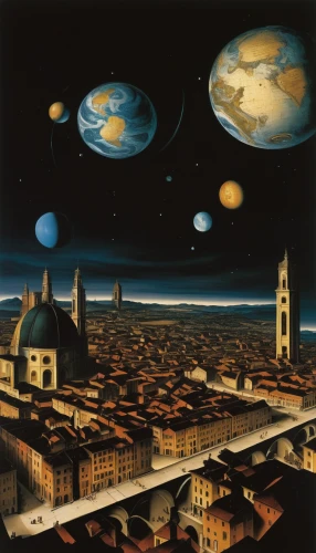 copernican world system,pioneer 10,astronomy,astronomer,planetary system,geocentric,astronomers,night scene,skywatch,uiverso,orrery,florentine,asterion,planetarium,the solar system,escher,celestial bodies,townscape,astronira,compans-cafarelli,Art,Classical Oil Painting,Classical Oil Painting 05