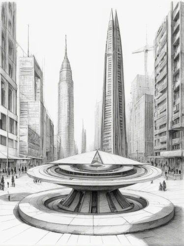 futuristic architecture,dubai,futuristic landscape,the dubai mall entrance,concept art,calatrava,doha,sky space concept,pencil art,jbr,smart city,urban design,kirrarchitecture,urban development,urbanization,metropolis,futuristic,transport hub,tallest hotel dubai,baku eye,Illustration,Black and White,Black and White 35