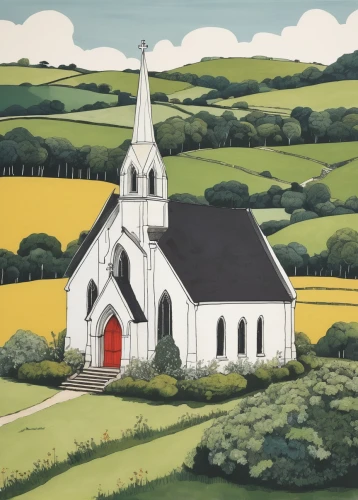 church painting,black church,little church,david bates,churches,fredric church,church bells,the black church,church faith,church,francis church,st patrick's,bethel,donegal,steeple,gable field,cornwall,church religion,wooden church,farm background,Illustration,Paper based,Paper Based 21