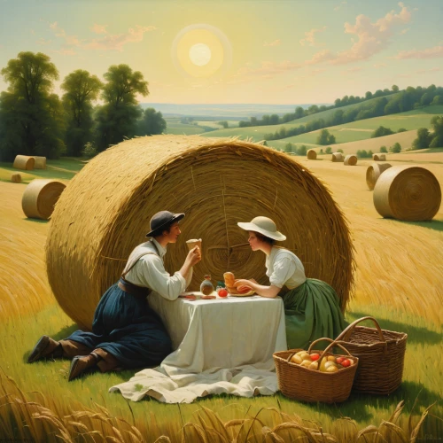 grant wood,haymaking,straw harvest,breadbasket,picnic,picnic basket,round straw bales,romantic scene,idyll,straw bales,straw field,agriculture,straw hut,grain harvest,dinner for two,straw cart,bales of hay,romantic dinner,farm landscape,farmers,Art,Classical Oil Painting,Classical Oil Painting 38