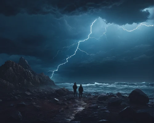 thunderstorm,dark beach,sea storm,thunderstorm mood,photo manipulation,photomanipulation,lightning storm,sci fiction illustration,digital compositing,the storm of the invasion,fantasy picture,storm,atmospheric phenomenon,dramatic sky,storm clouds,the road to the sea,stormy sea,strom,nature's wrath,chasm,Photography,Documentary Photography,Documentary Photography 16