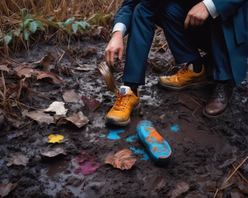 rubber boots,teal and orange,hiking shoes,forest floor,hiking shoe,outdoor shoe,garden shoe,fallen colorful,autumn motive,autumn theme,blue shoes,clogs,fallen leaves,in the fall,hiking socks,hiking boot,footstep,water shoe,ecological footprint,muddy,Illustration,Realistic Fantasy,Realistic Fantasy 24