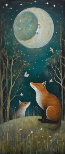 fox and hare,garden-fox tail,night scene,carol colman,moonlit night,hare trail,hares,robin redbreast,foxes,moon and star,rabbits and hares,aglais,stars and moon,woodland animals,hare field,a fox,moon night,carol m highsmith,the moon and the stars,moons,Illustration,Abstract Fantasy,Abstract Fantasy 15