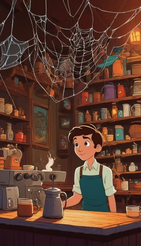shopkeeper,apothecary,halloween illustration,watchmaker,halloween coffee,halloween scene,candlemaker,the coffee shop,confectioner,star kitchen,bakery,mood cobwebs,brandy shop,spider's web,halloween 2019,halloween2019,the shop,tinsmith,spiderweb,halloween background,Illustration,Children,Children 01