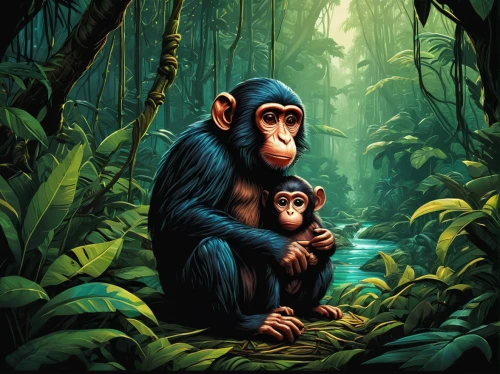 monkey island,primates,primate,monkey family,monkey with cub,monkey banana,cercopithecus neglectus,chimpanzee,bonobo,common chimpanzee,baby monkey,monkeys band,great apes,monkey,anthropomorphized animals,the monkey,game illustration,crab-eating macaque,monkeys,ape,Illustration,Realistic Fantasy,Realistic Fantasy 25
