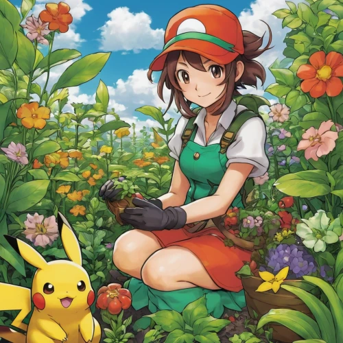 picking flowers,gardening,flower field,girl picking flowers,flowers field,pokémon,flower garden,flower background,pokemon,holding flowers,clove garden,blooming field,field of flowers,spring background,springtime background,flower bed,clover meadow,picking vegetables in early spring,garden work,flora,Illustration,Japanese style,Japanese Style 13