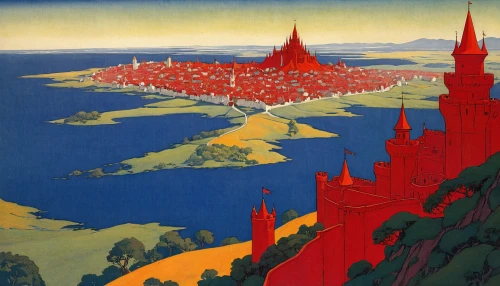 travel poster,1925,1926,1929,1921,fantasy city,new castle,red cliff,castles,vintage illustration,art deco,the red square,twenties of the twentieth century,citadel,constantinople,orientalism,dresden,forbidden palace,hamelin,year of construction 1937 to 1952,Illustration,Retro,Retro 07