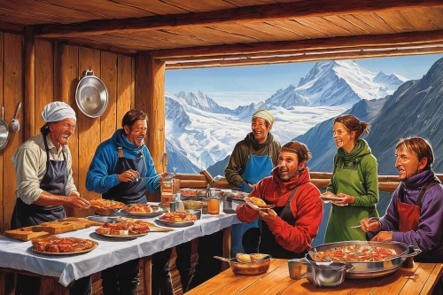 alpine restaurant,breakfast on board of the iron,monte rosa hut,mountain hut,alpine hut,food table,breakfast table,alpine style,the dining board,traditional food,soup kitchen,leittafel,outdoor dining,ski station,chalet,cold buffet,ski equipment,dining,welcome table,skiers,Conceptual Art,Sci-Fi,Sci-Fi 21