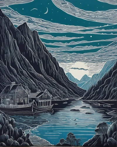 david bates,olle gill,lysefjord,fjords,sognefjord,cool woodblock images,fjord,nordland,geiranger,mountain huts,flåm,yukon territory,lofoten,geirangerfjord,boathouse,woodblock prints,glencoe,loch,rippon,stabyhoun,Art,Artistic Painting,Artistic Painting 50