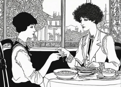 women at cafe,bistrot,bistro,dining,cuisine classique,twenties women,epicure,woman at cafe,dinner for two,date,dinner party,robert harbeck,paris cafe,parisian coffee,fine dining restaurant,vintage illustration,diner,mucha,dine,viennese cuisine,Illustration,Black and White,Black and White 24