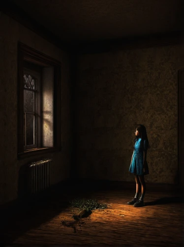 doll's house,a dark room,the girl in nightie,the little girl's room,penumbra,3d render,the threshold of the house,abandoned room,creepy doorway,adventure game,visual effect lighting,in the shadows,girl walking away,digital compositing,scene lighting,the little girl,dollhouse,action-adventure game,nightlight,3d rendered,Illustration,Paper based,Paper Based 14