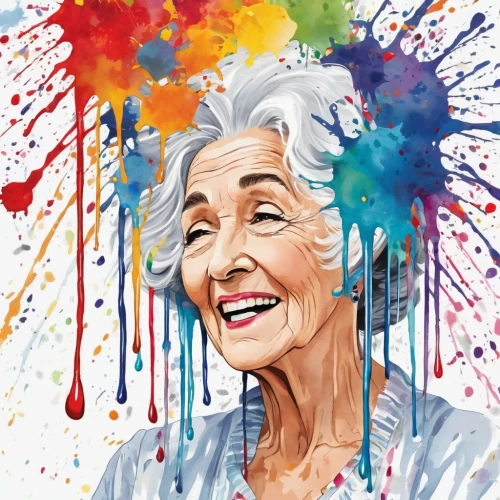 paint splatter,old woman,elderly lady,rainbow pencil background,painting technique,confetti,wpap,popart,flower painting,elderly person,coloring book for adults,digital art,effect pop art,to paint,ecstatic,portrait background,holi,the festival of colors,colourful pencils,born in 1934,Conceptual Art,Graffiti Art,Graffiti Art 08